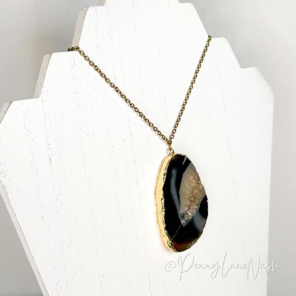 Vintage Thick Raw Marble Stone Pendant Chain Necklace - Picture 2 of 4